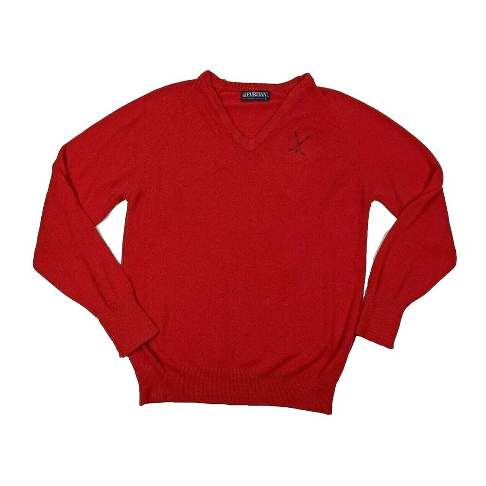 Puritan Golf Sweater Mens L Red USA Made Preppy Knit Retro Classic